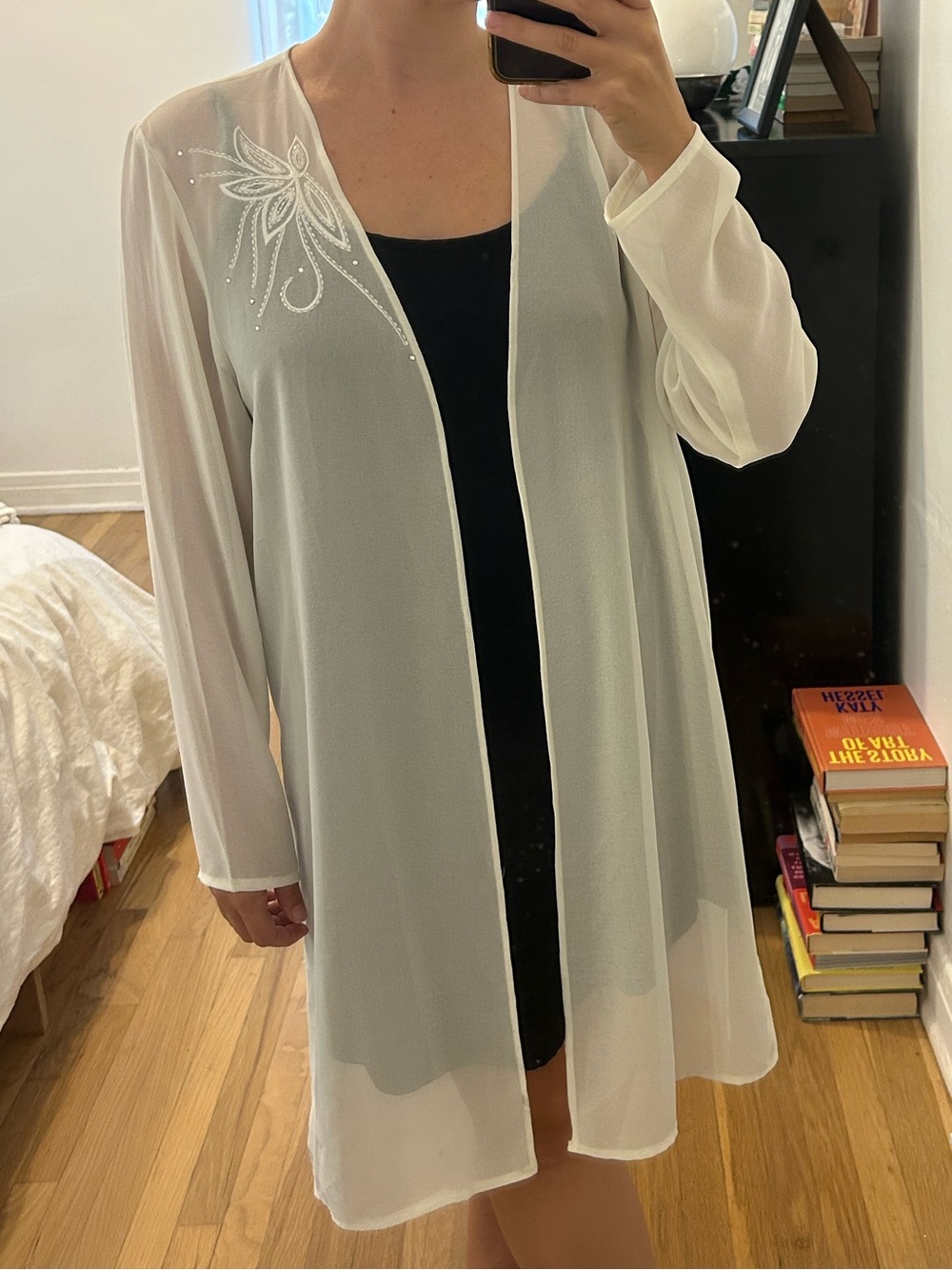 Vintage Sheer Embroidered Longline Robe - White